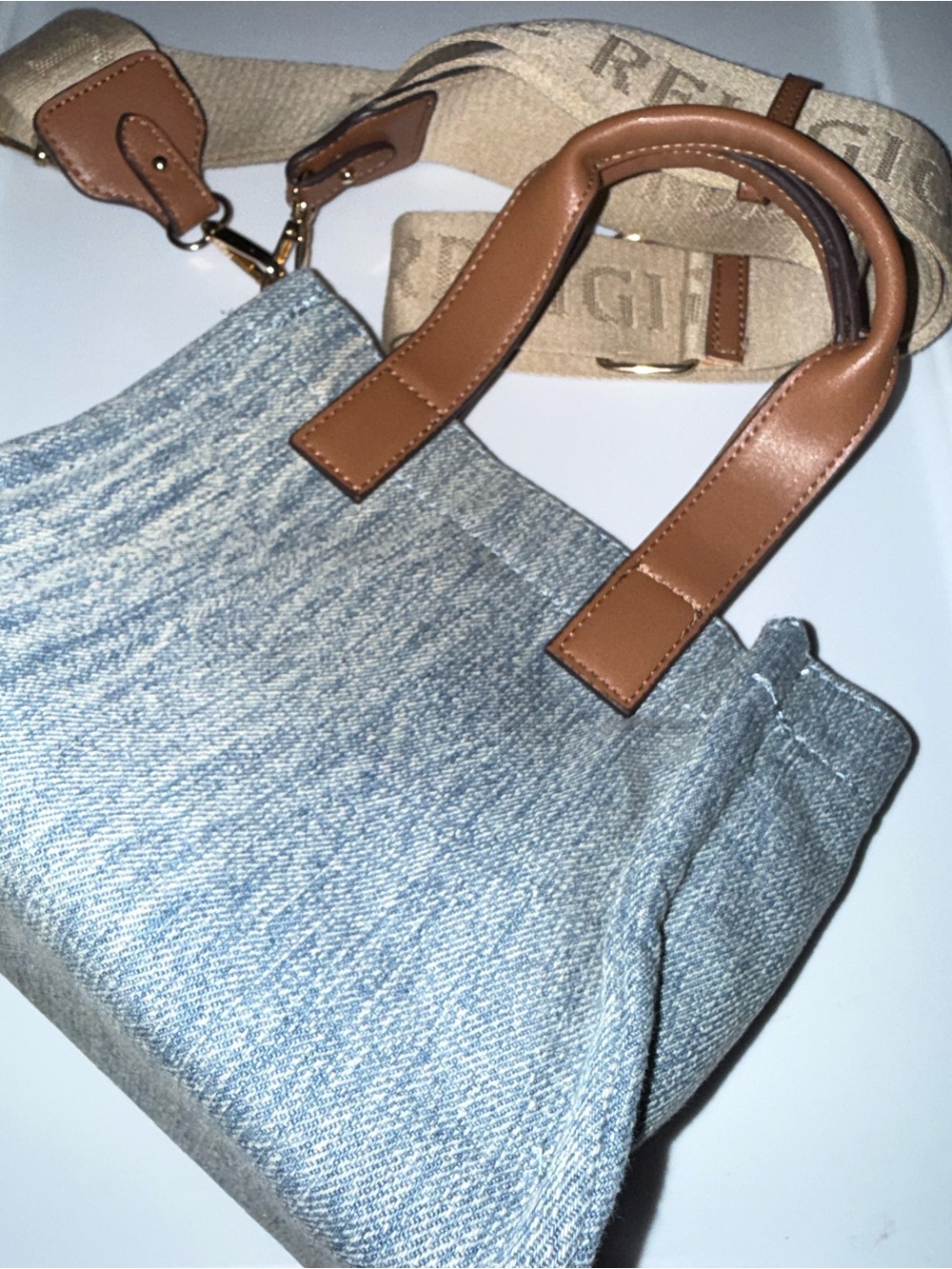 True Religion Light Blue Denim Tote with Tan Leather Handles - Picture 3 of 4